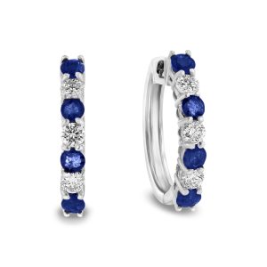 Women's 1.15 ct. Natural Blue Sapphires & Diamonds Hoop Earrings in 14k White Gold