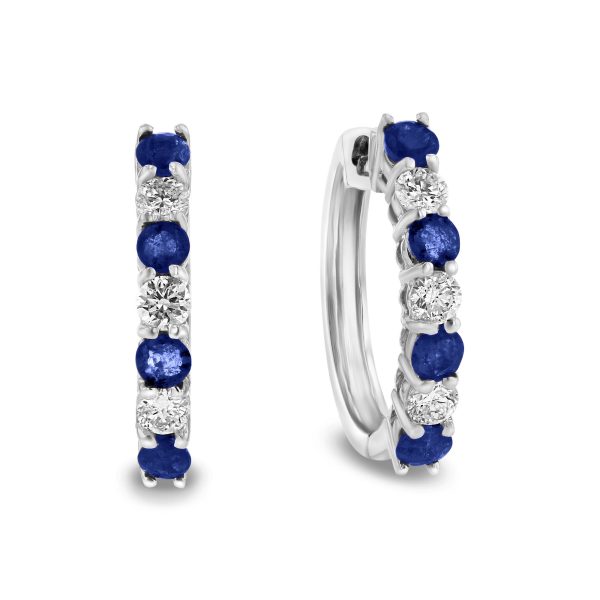 Women's 1.15 ct. Natural Blue Sapphires & Diamonds Hoop Earrings in 14k White Gold