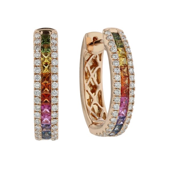 Women's 1.56 ct. Natural Multi Sapphire & Diamonds Hoop Earrings in 18K Rose Gold