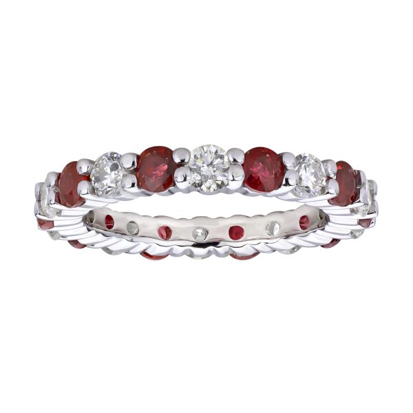 Women's 2.20 ct. Natural Diamonds & Heated Rubies Eternity Band in 14K White Gold
