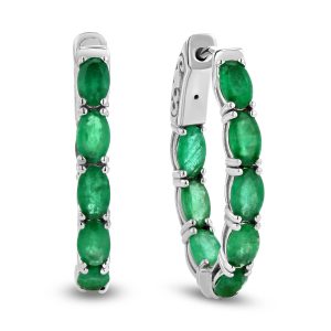 Women's 3.40 ct. Natural Oval Emeralds Hoop Earrings in 14K White Gold