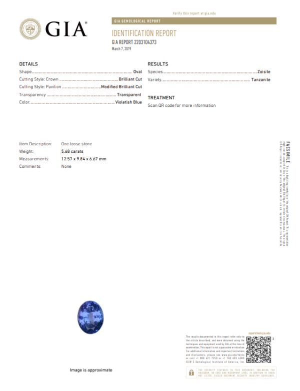 GIA Loose Oval Modified Brilliant Cut Tanzanite 5.68 Carats - Image 2