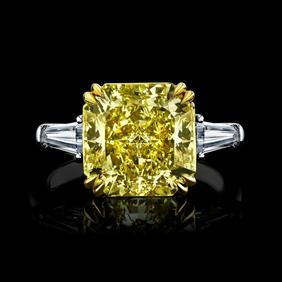 GIA 5.82 ct. Radiant Fancy Intense Yellow Diamond Platinum Ring