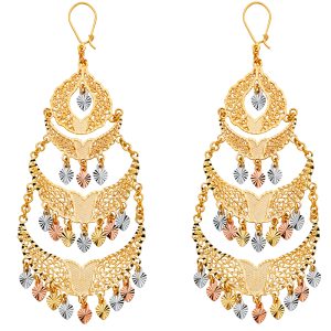 4 Tier Fancy Chandelier Hanging Earrings in 14K Yellow, White & Rose Gold
