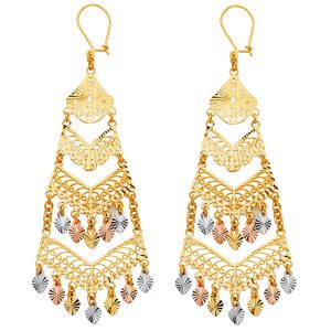 3 Tier Fancy Chandelier Hanging Earrings in 14K Yellow, White & Rose Gold