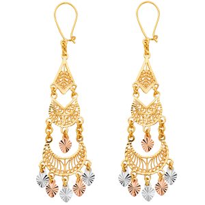 2 Tier Chandelier Hanging Earrings in 14K Yellow, White & Rose Gold
