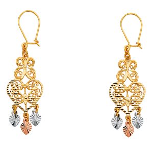 Heart Chandelier Hanging Earrings in 14K Yellow, White & Rose Gold