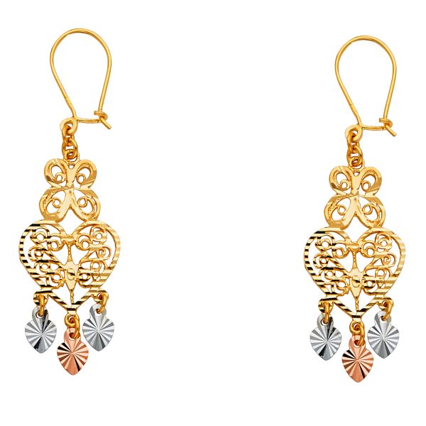 Heart Chandelier Hanging Earrings in 14K Yellow, White & Rose Gold