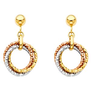 Hanging 3 Ring Earrings in 14K Yellow, White & Rose Gold