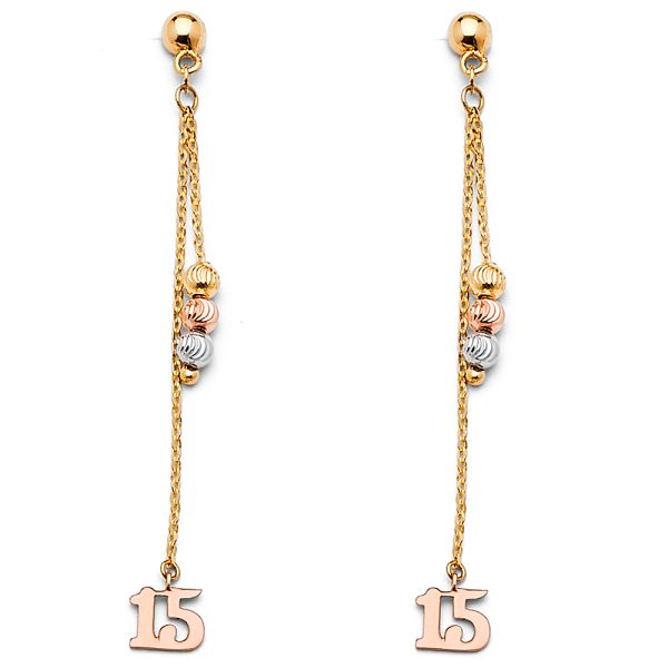 Quinceanera Hanging Earrings in 14K Yellow, White & Rose Gold