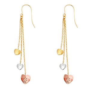 3 Hearts Hanging Earrings in 14k White, Yellow & Rose Gold