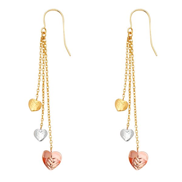 3 Hearts Hanging Earrings in 14k White, Yellow & Rose Gold