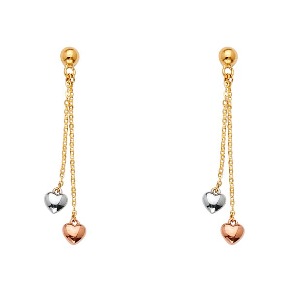 2 Hearts Hanging Earrings in 14K White, Yellow & Rose Gold