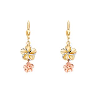 Hawaiian Flower Lever Back Earrings in 14k White, Yellow & Rose Gold