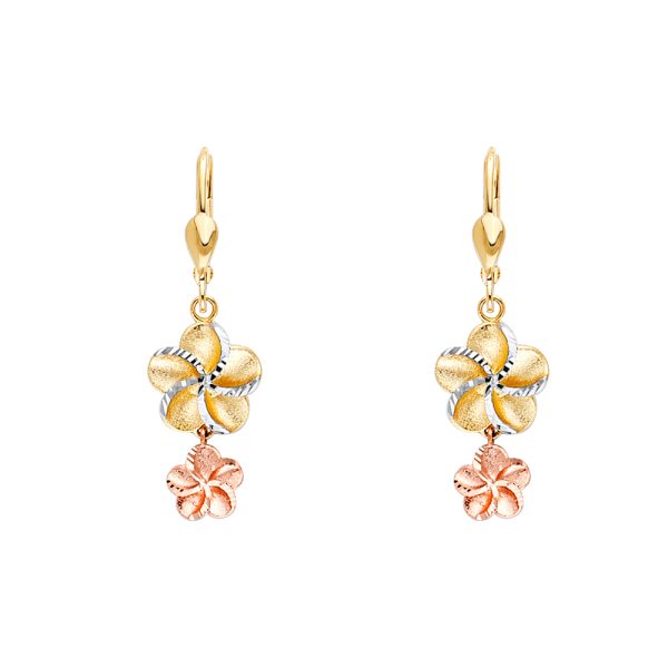 Hawaiian Flower Lever Back Earrings in 14k White, Yellow & Rose Gold