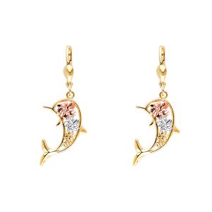 Hawaiian Flower Dolphin Lever Back Earrings in 14K White, Yellow & Rose Gold