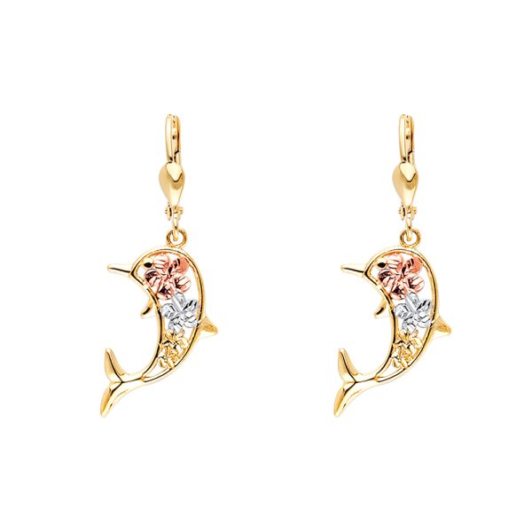 Hawaiian Flower Dolphin Lever Back Earrings in 14K White, Yellow & Rose Gold