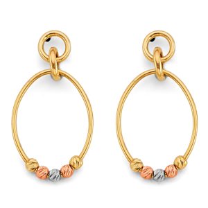 Hanging Oval Tube with Bead Earrings in 14K White, Yellow & Rose Gold