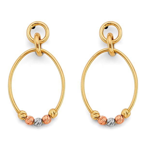 Hanging Oval Tube with Bead Earrings in 14K White, Yellow & Rose Gold