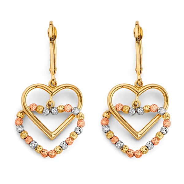 Hanging Double Heart Bead Earrings in 14K White, Yellow & Rose Gold