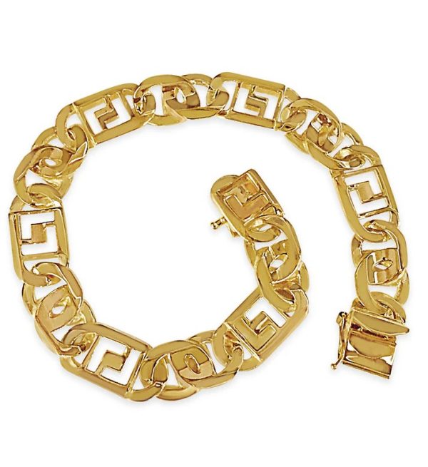 Men's 9.0" Greek Key & Tiger Eye Bracelet in 14K Yellow Gold