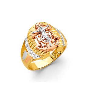 Jesus On Anchor Men's Ring in 14K Yellow, White & Rose Gold