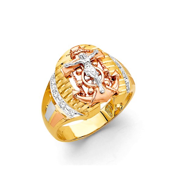 Jesus On Anchor Men's Ring in 14K Yellow, White & Rose Gold