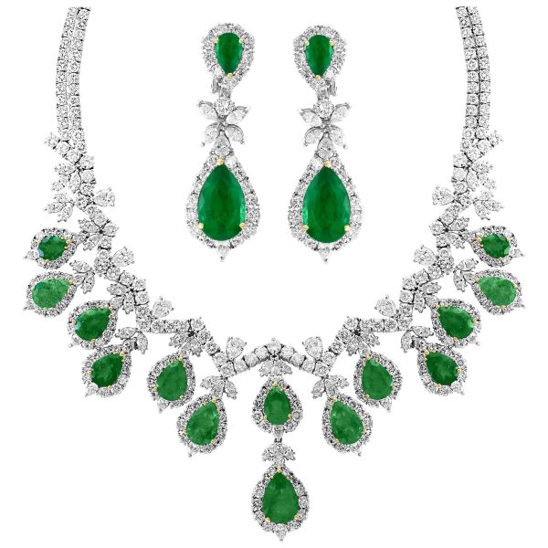 AGL Colombian Emerald & Diamond Necklace & Earring Suite In Platinum