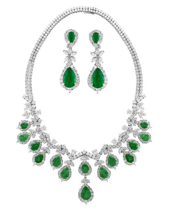 AGL Colombian Emerald & Diamond Necklace & Earring Suite In Platinum - Image 2
